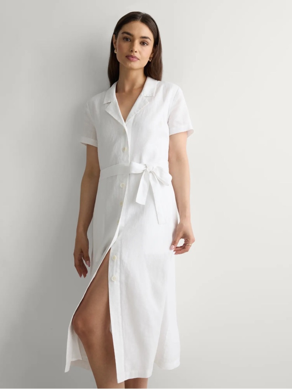 Quince White European Linen Button-Front Short Sleeve Midi Dress with Tie Waist